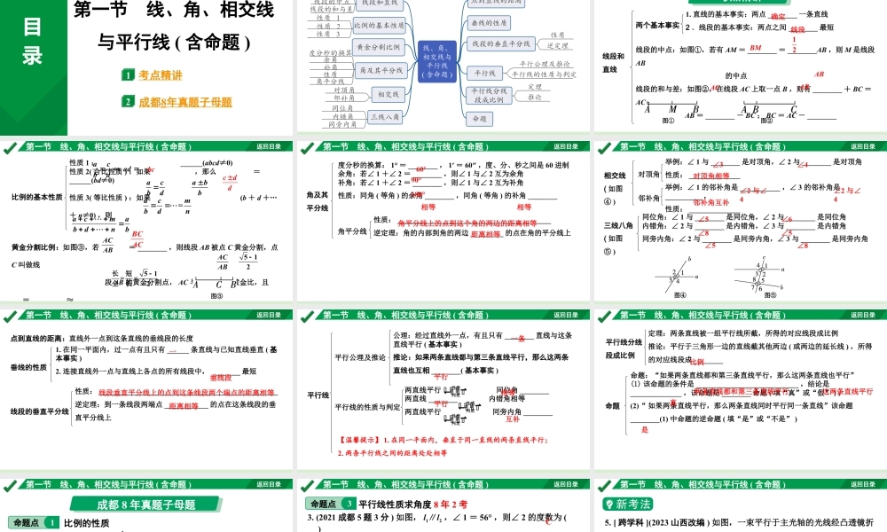 2024成都中考数学第一轮专题复习之第四章  第一节  线、角、相交线与平行线(含命题) 教学课件.pptx