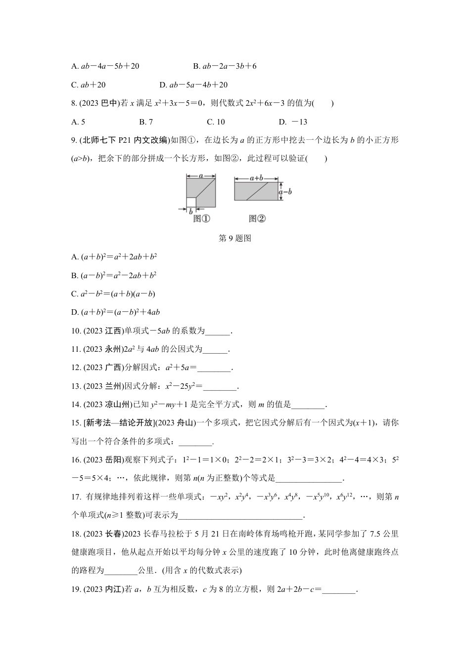 2024成都中考数学复习专题 代数式、整式及因式分解 (含答案).pdf_第2页