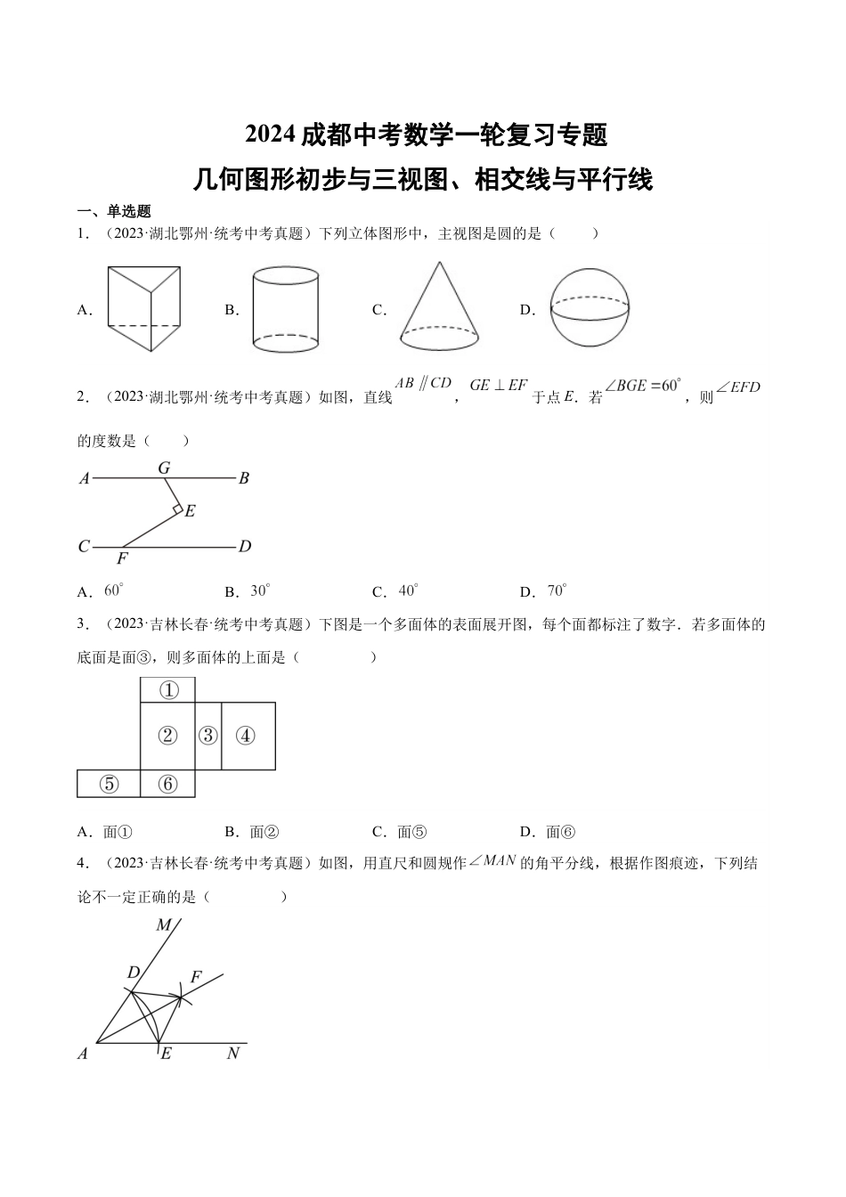 2024成都中考数学一轮复习专题 几何图形初步与三视图、相交线与平行线 (含解析).docx_第1页