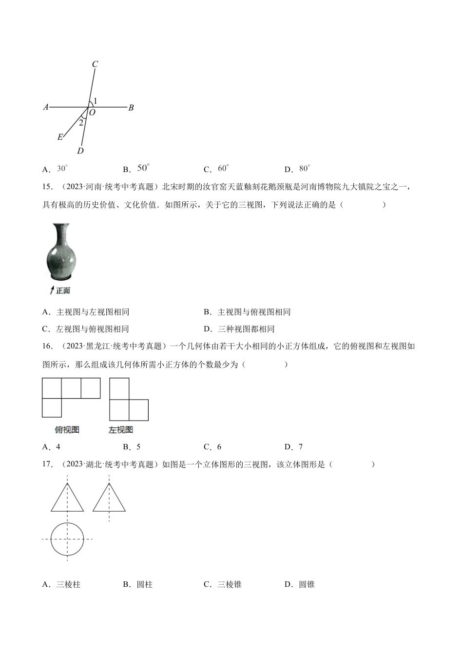 2024成都中考数学一轮复习专题 几何图形初步与三视图、相交线与平行线 (含解析).docx_第5页