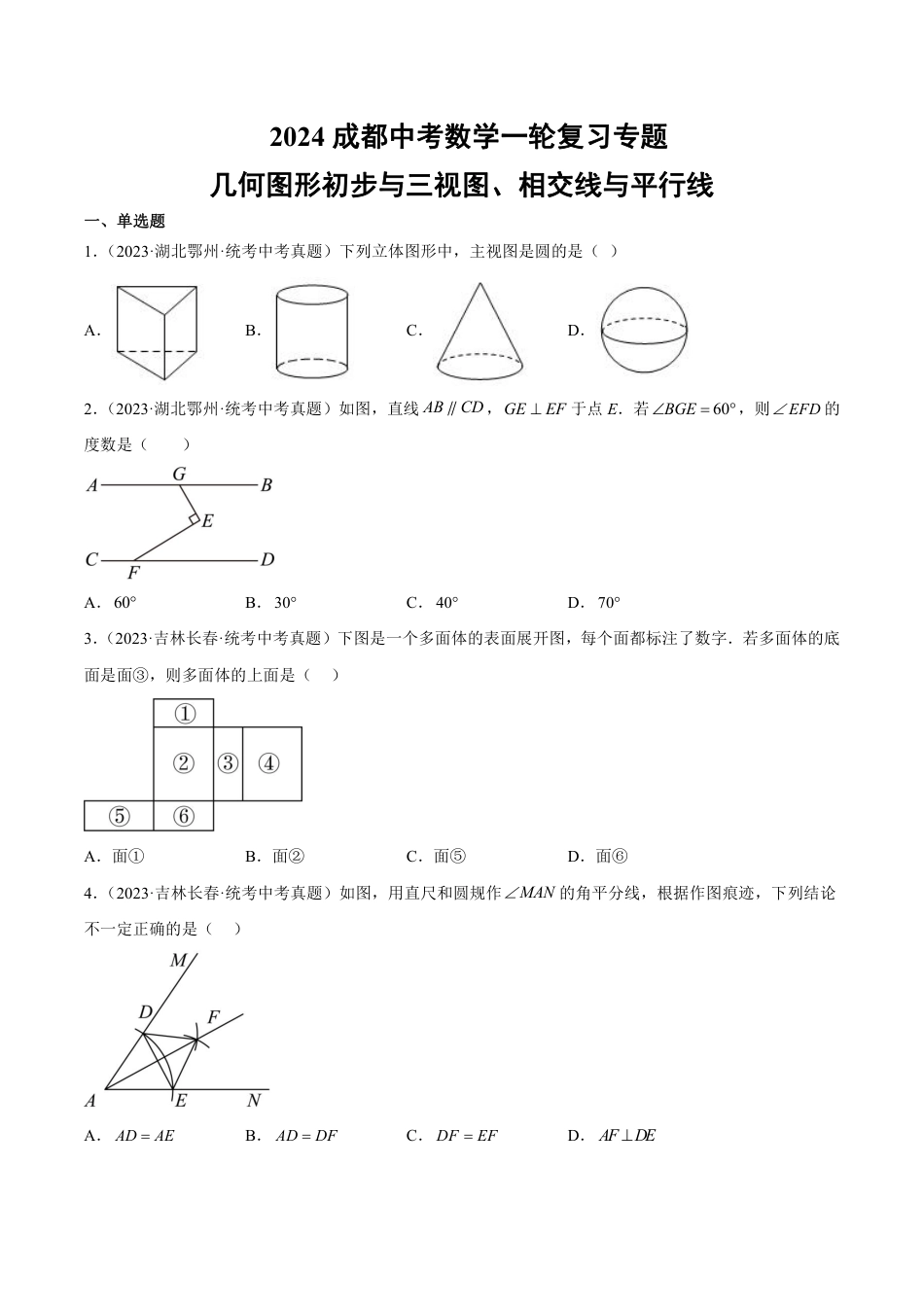 2024成都中考数学一轮复习专题 几何图形初步与三视图、相交线与平行线 (含解析).pdf_第1页