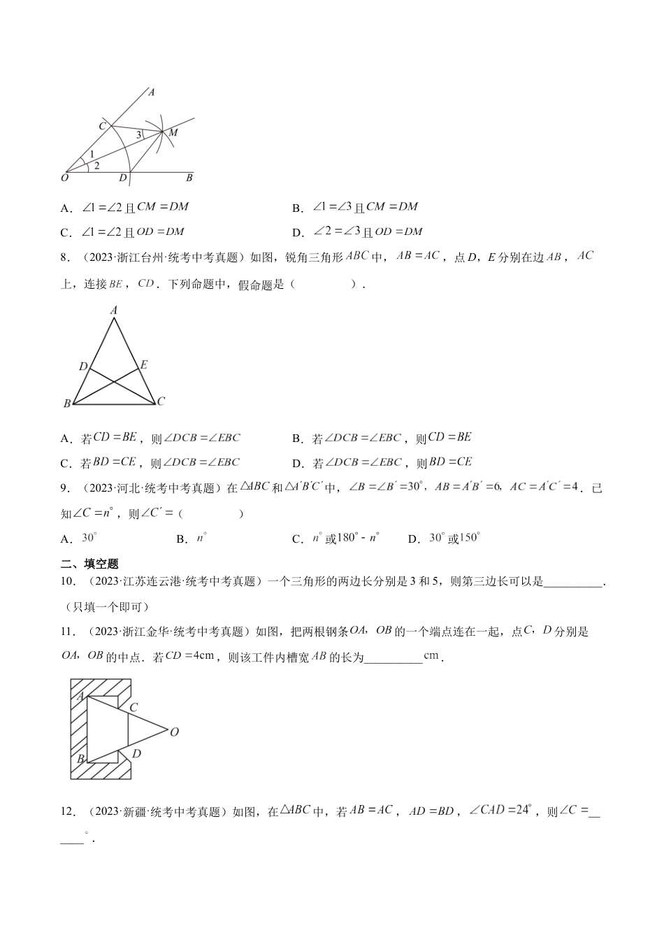 2024成都中考数学一轮复习专题 三角形及全等三角形 (含解析).docx_第3页