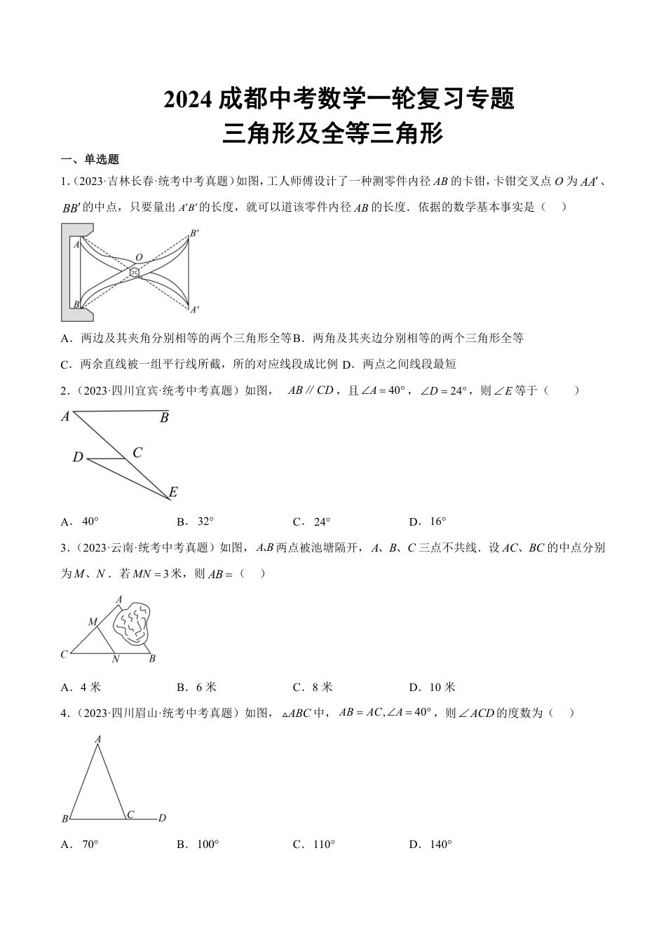 2024成都中考数学一轮复习专题 三角形及全等三角形 (含解析).pdf_第1页