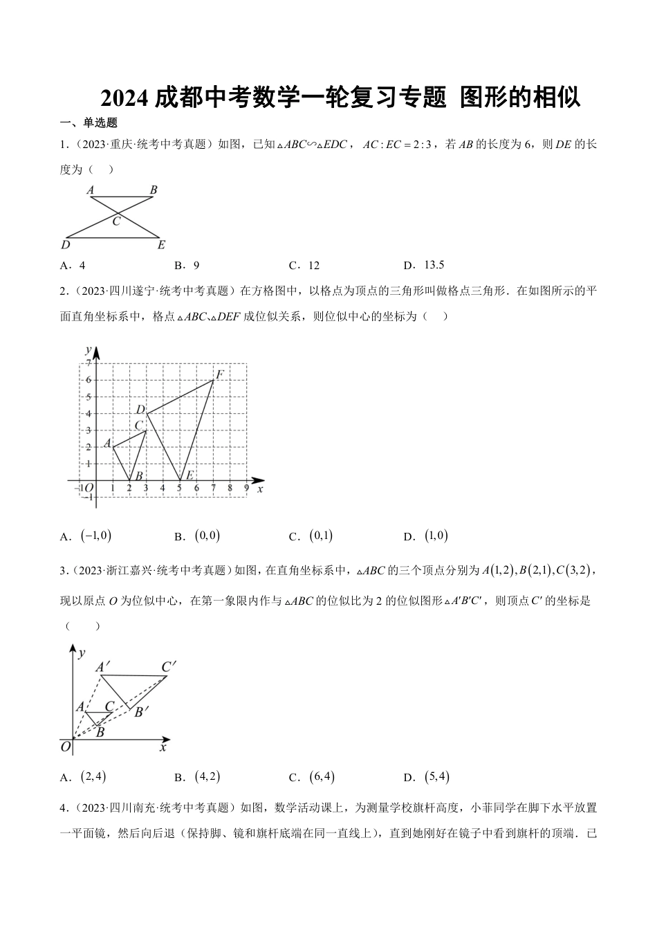 2024成都中考数学一轮复习专题 图形的相似 (含解析).pdf_第1页