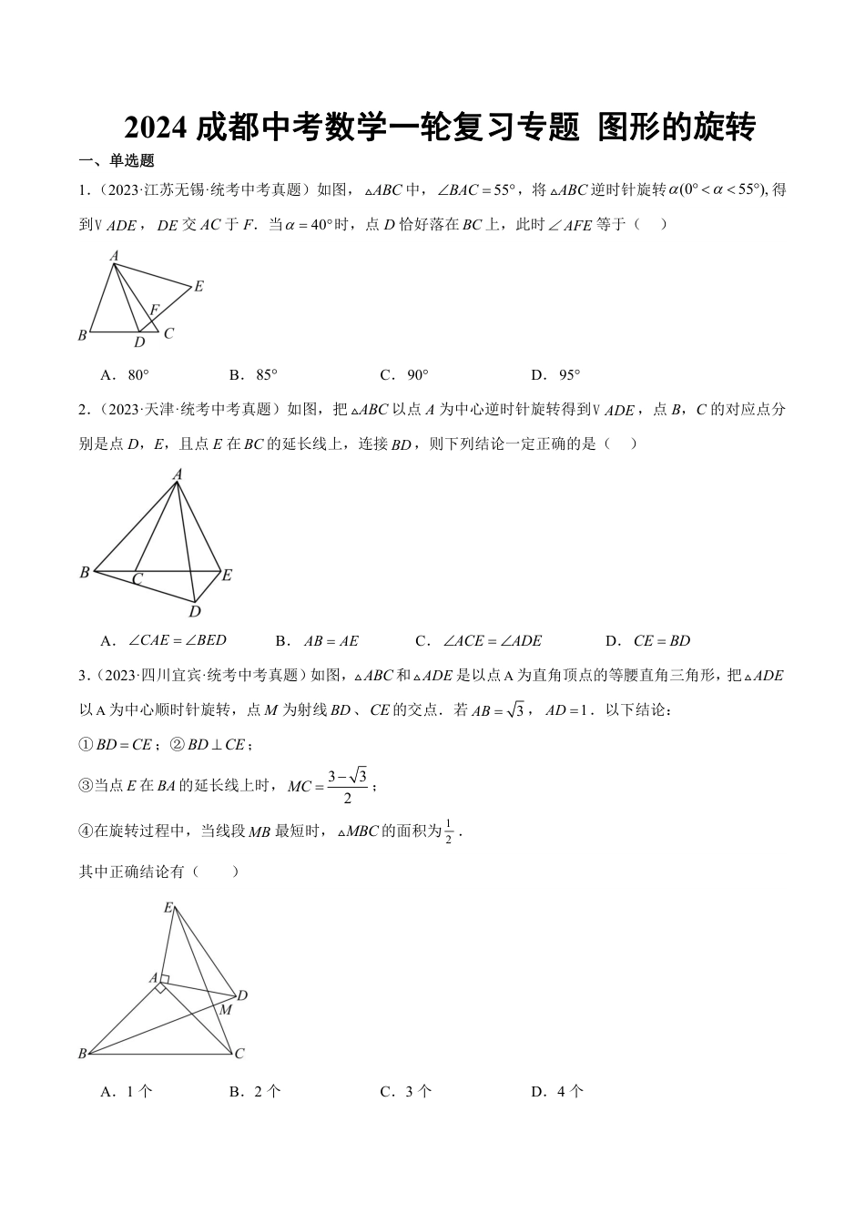 2024成都中考数学一轮复习专题 图形的旋转 (含解析).pdf_第1页