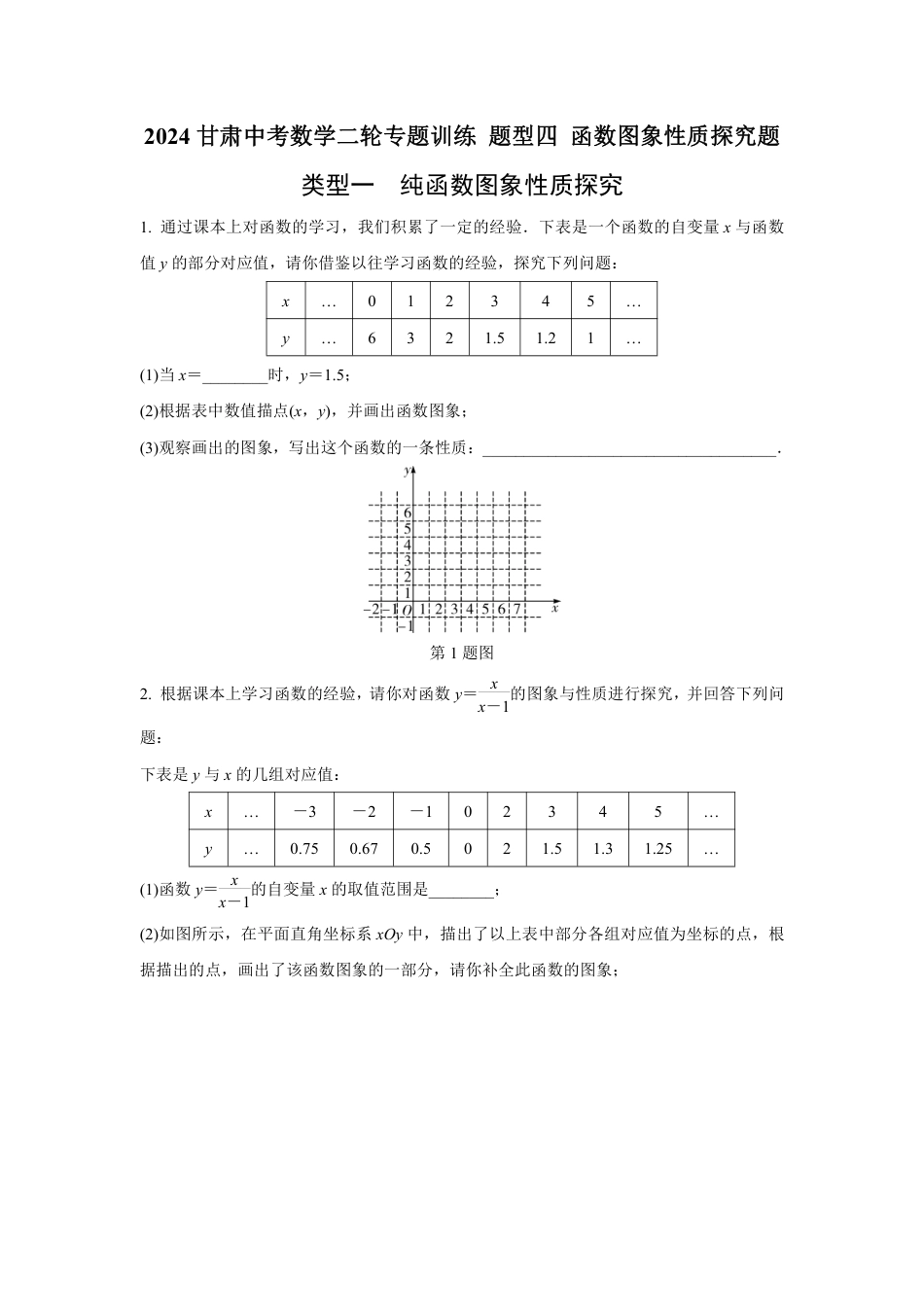 2024甘肃中考数学二轮专题训练 题型四 函数图象性质探究题  (含答案).pdf_第1页