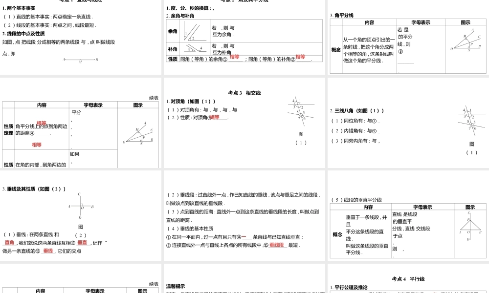 2024河南中考数学一轮知识点复习专题 线段、角、相交线与平行线 课件.pptx