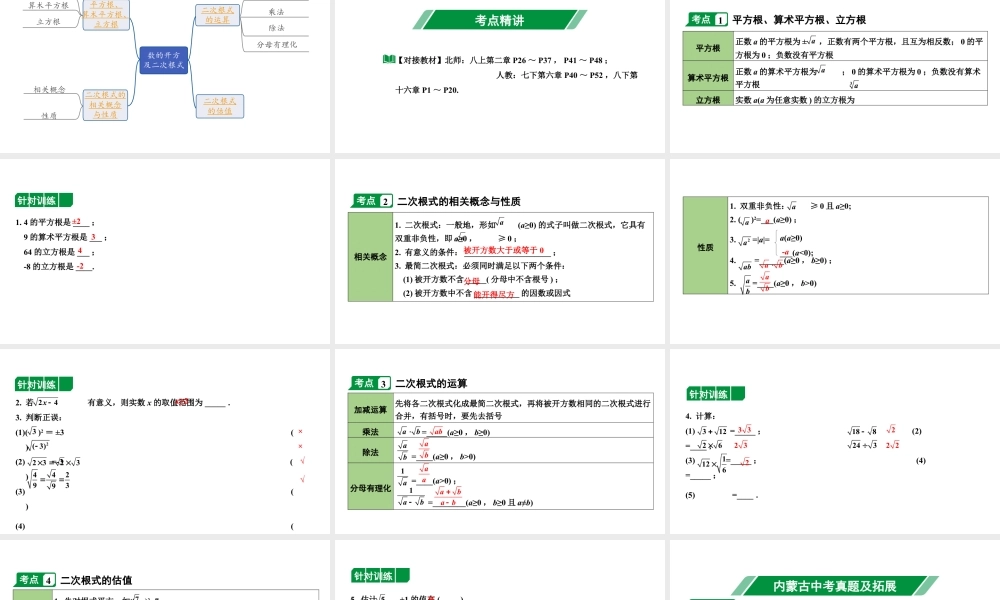 2024内蒙古中考数学一轮知识点复习 第2课时 数的开方及二次根式（课件）.pptx