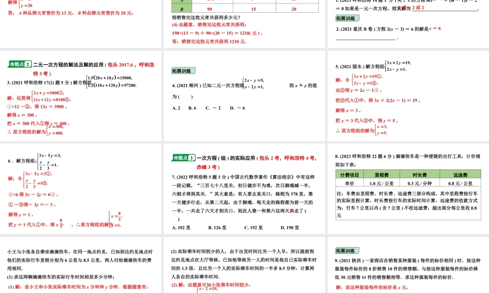 2024内蒙古中考数学一轮知识点复习 第6课时 一次方程(组)及其应用（课件）.pptx