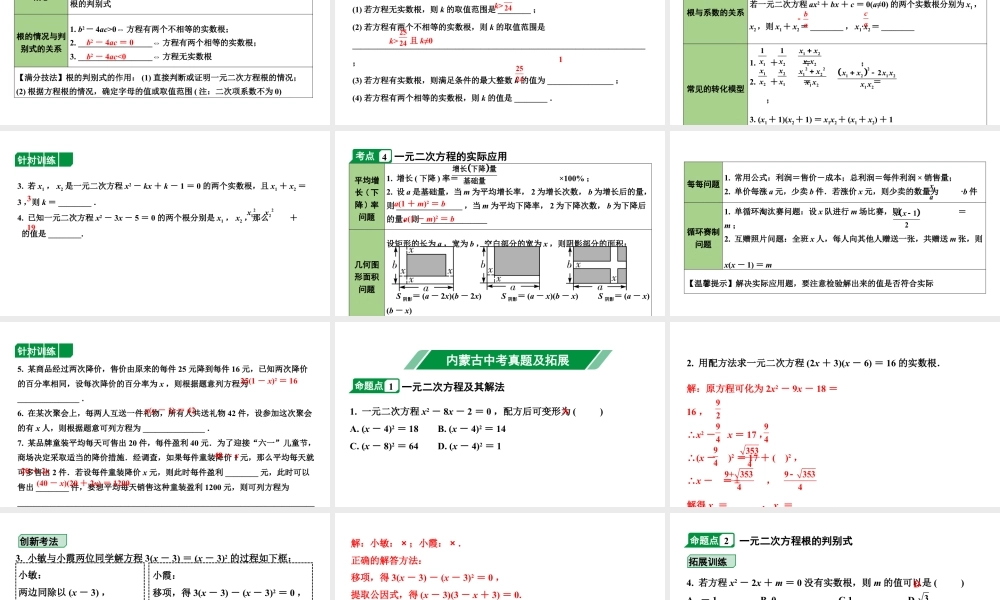 2024内蒙古中考数学一轮知识点复习 第7课时  一元二次方程及其应用（课件）.pptx