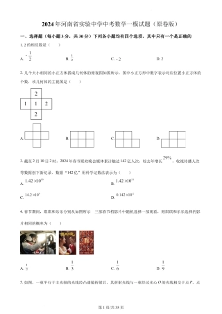 2024年河南省实验中学中考数学一模试题（含解析）.docx