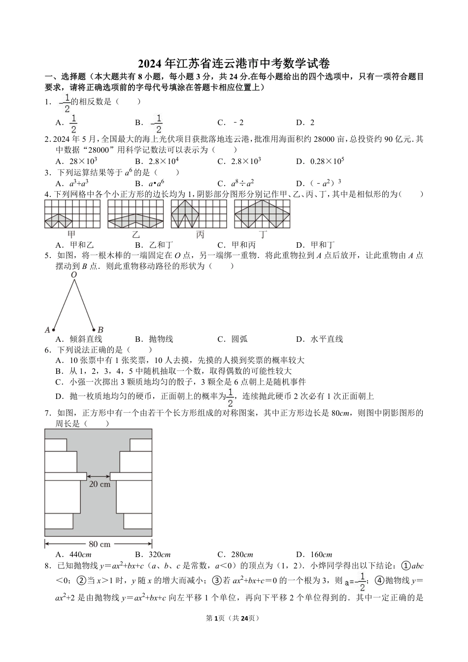 2024年江苏省连云港市中考数学试卷【含解析】.pdf_第1页