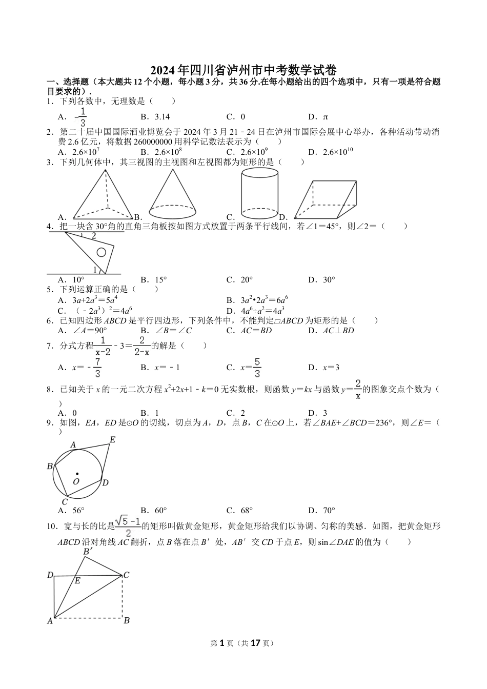 2024年四川省泸州市中考数学试卷【含解析】.doc_第1页