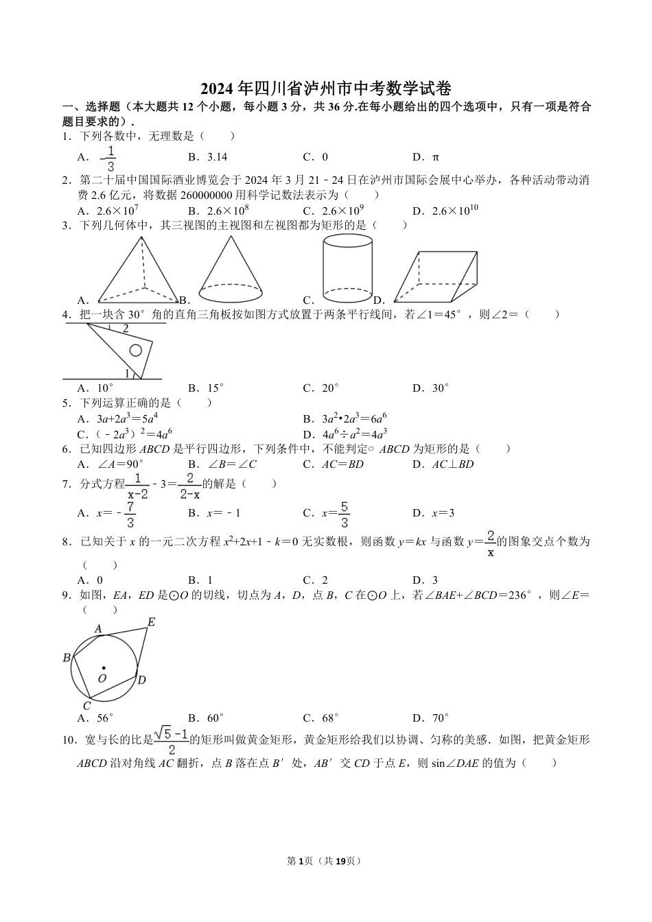 2024年四川省泸州市中考数学试卷【含解析】.pdf_第1页