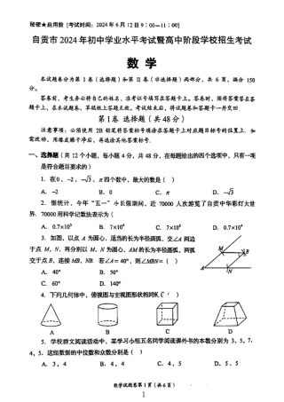2024年四川省自贡市中考数学试题（无答案）.pdf