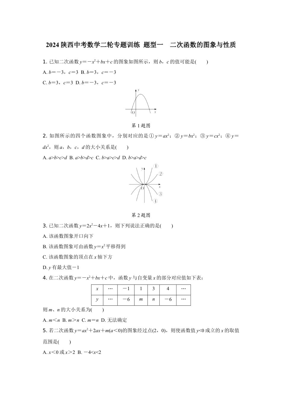 2024陕西中考数学二轮专题训练 题型一  二次函数的图象与性质 (含答案).docx_第1页