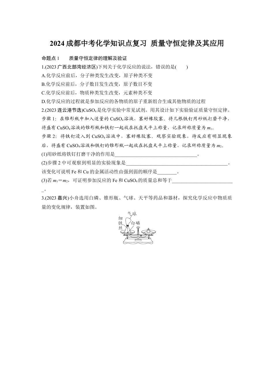 2024成都中考化学知识点复习 质量守恒定律及其应用 (含详细解析).docx_第1页