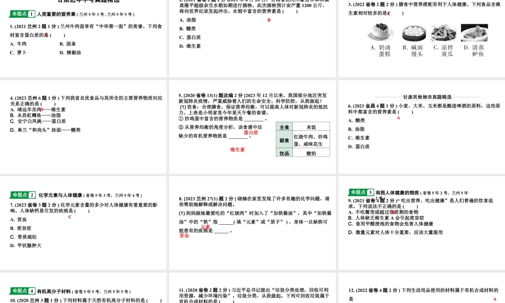 2024甘肃中考化学一轮复习之中考考点研究 第十二单元 化学与生活（课件）.pptx