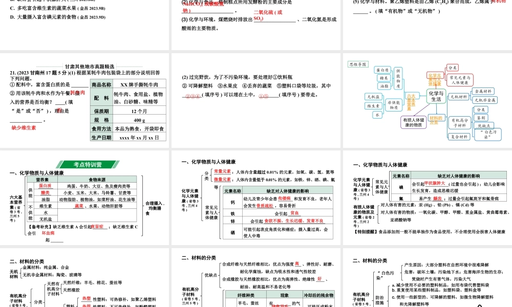 2024甘肃中考化学一轮复习之中考考点研究 第十二单元 化学与生活（课件）.pptx