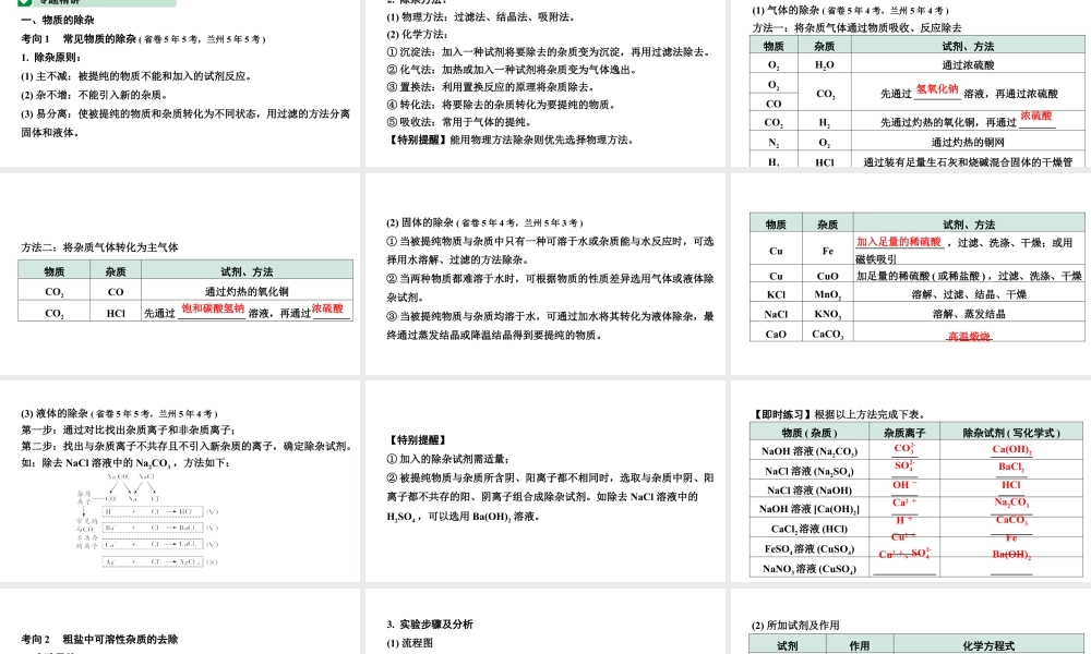 2024甘肃中考化学一轮复习之中考考点研究 微专题 物质的除杂与分离（含粗盐中可溶性杂质的去除）（课件）.pptx