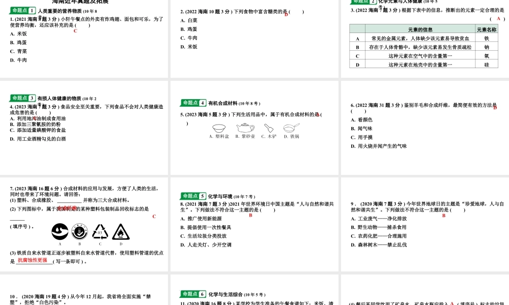 2024海南中考化学一轮复习 中考考点研究 第十二单元 化学与生活（课件）.pptx