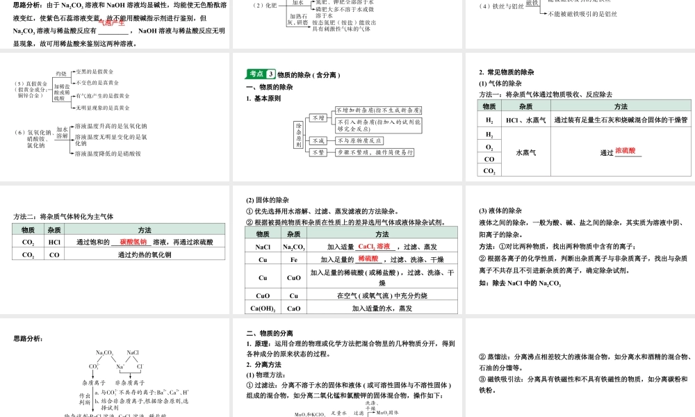 2024江苏中考化学二轮中考考点研究 第11讲 物质的检验、鉴别、除杂(含分离)和推断（课件）.pptx