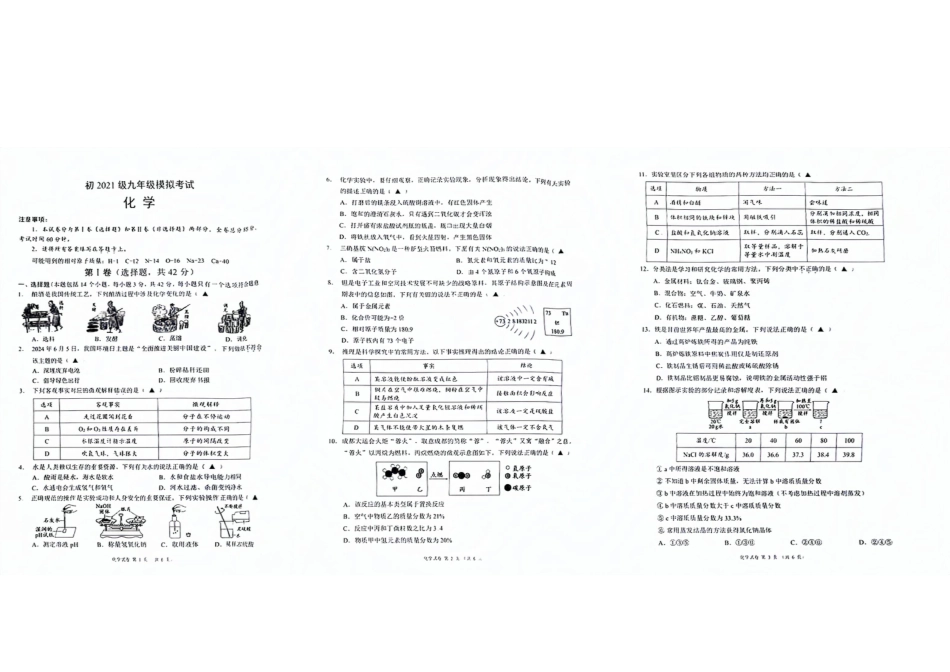 2024年四川省成都市金堂县九年级中考二诊模拟考试化学试题 （含答案）.pdf_第1页