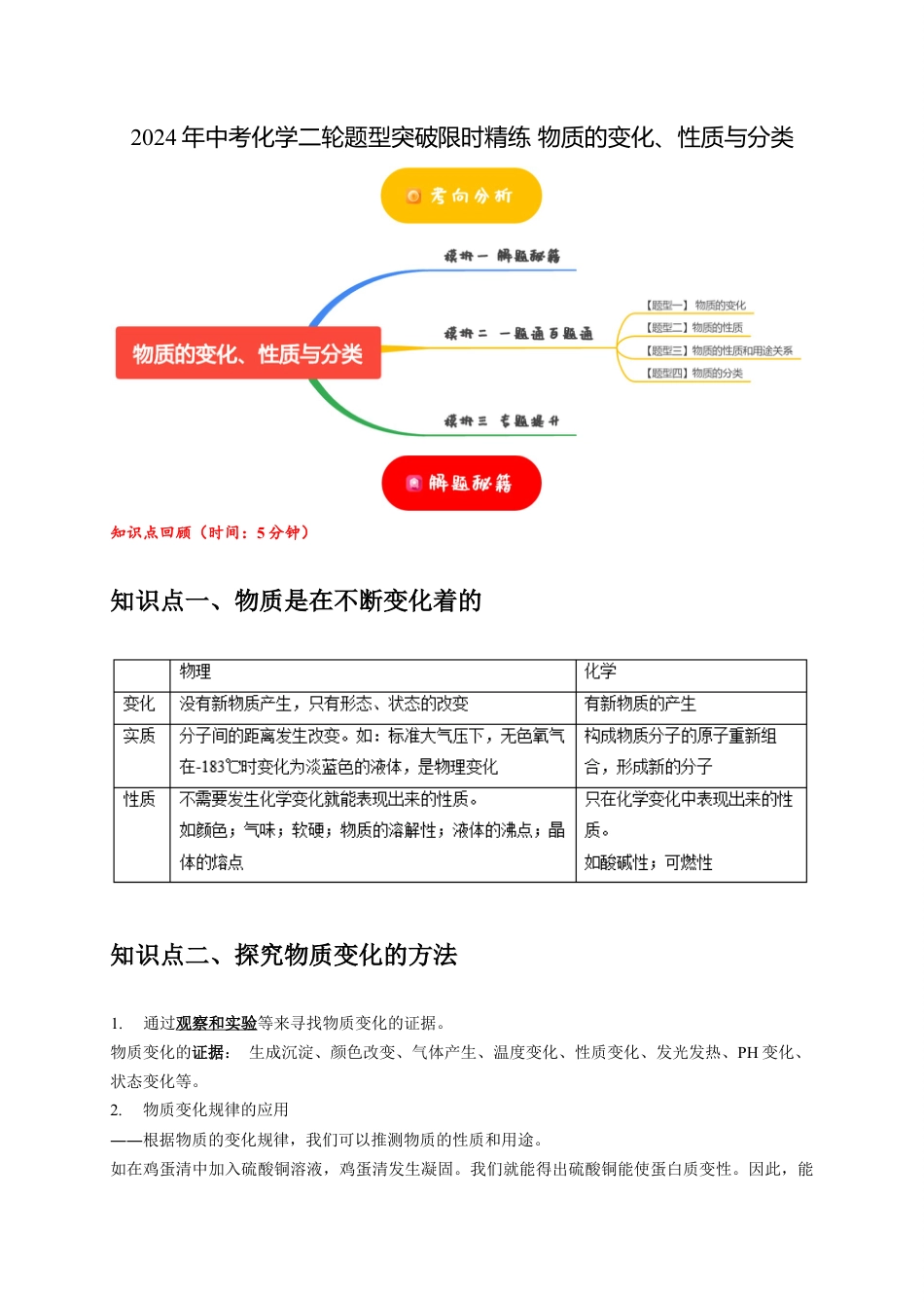 2024年中考化学二轮题型突破限时精练 物质的变化、性质与分类 （含解析）.docx_第1页