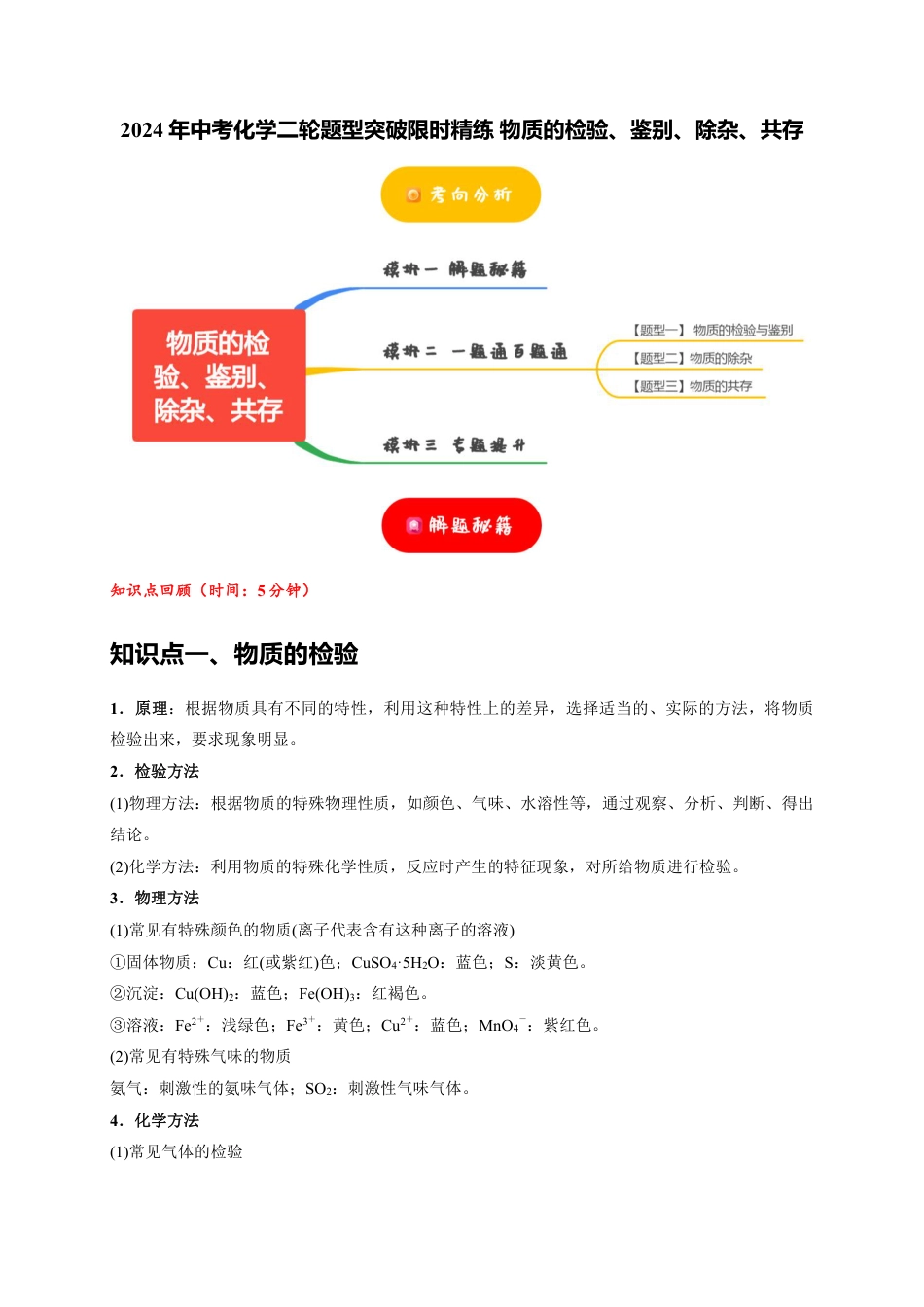 2024年中考化学二轮题型突破限时精练 物质的检验、鉴别、除杂、共存（含解析）.pdf_第1页