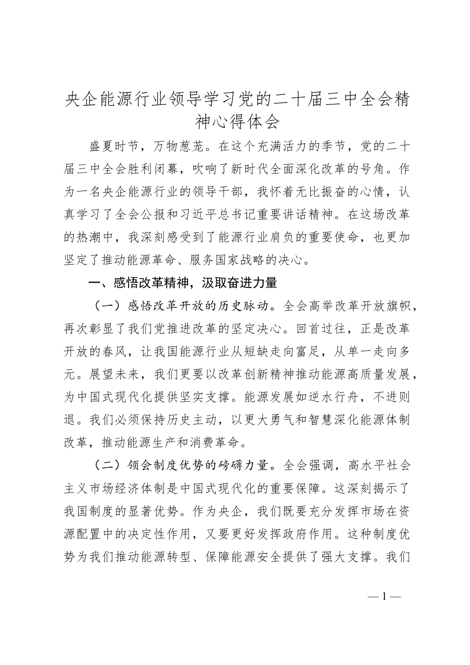 央企能源行业领导学习党的二十届三中全会精神心得体会.docx_第1页