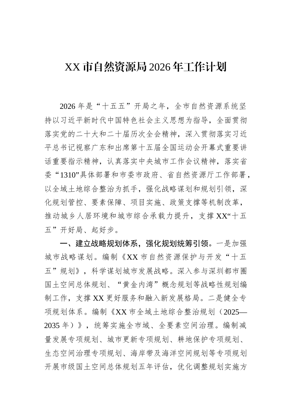 XX市自然资源局2026年工作计划.docx_第1页