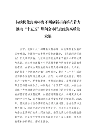 持续优化营商环境不断创新招商模式着力推动“十五五”期间全市民营经济高质量发展.docx