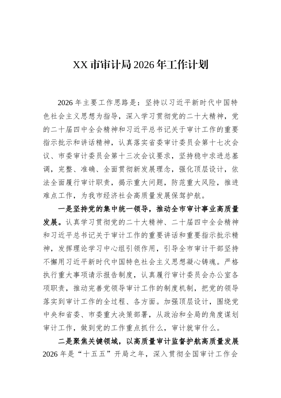 XX市审计局2026年工作计划.docx_第1页